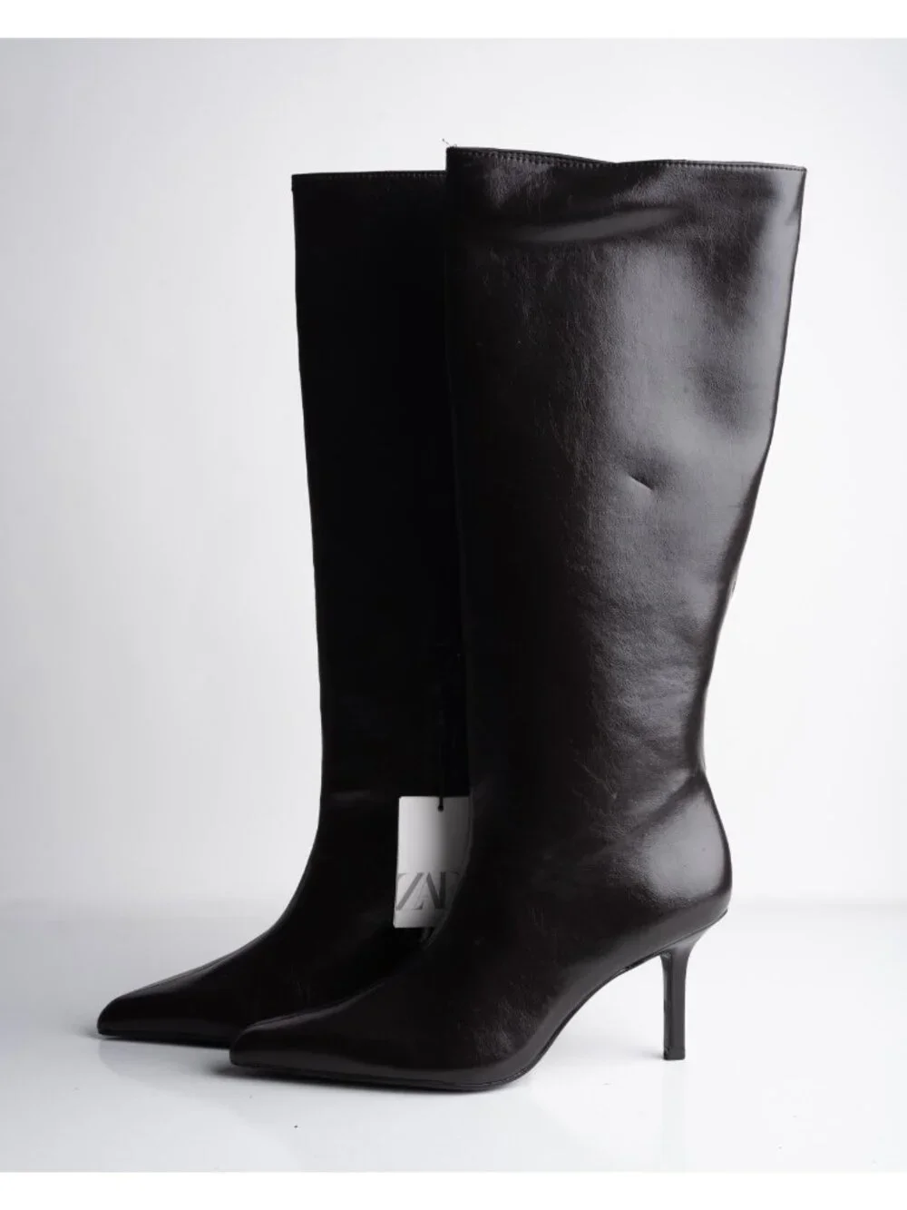 Zara Womens Boots Faux Leather Knee High Heeled Brown Sz US 7.5 EU 38 NWD - Picture 5 of 10